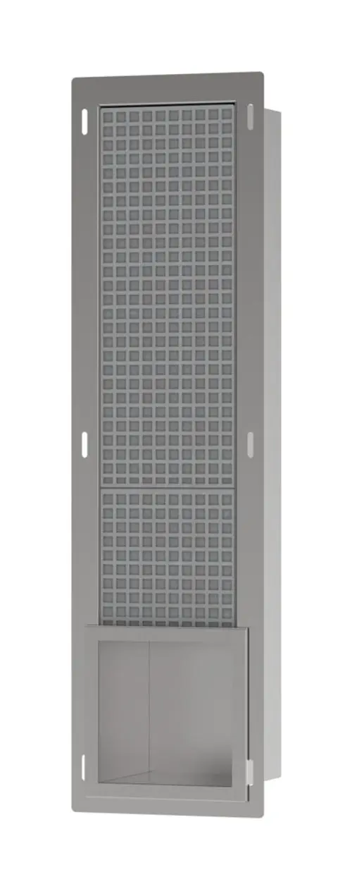 Edelstahl-Wandhalter für Toilettenpapier mit Platz für mehrere Rollen, designed von Hansgrohe. Das Produkt hat ein schlichtes, funktionales Design und eine graue Oberfläche.